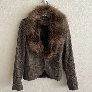 NEW Glen Plaid Blazer Jacket Faux Fur Collar